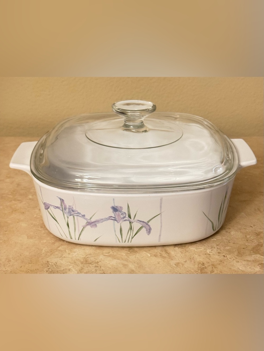 Corning Ware Shadow Iris 2L square casserole with lid.